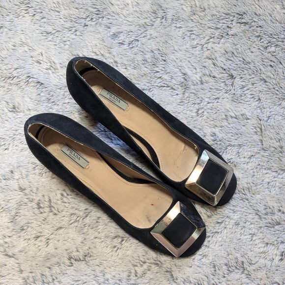 Prada Suede Heels Black Block Heels Buckle Size 40 US 10 - Picture 2 of 10